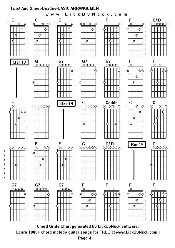 Chord Grids Chart of chord melody fingerstyle guitar song-Twist And Shout-Beatles-BASIC ARRANGEMENT,generated by LickByNeck software.